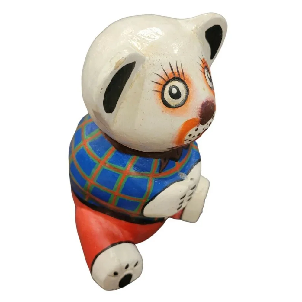 Artisan Folk Art Bear Hand Carved & Painted Wood with Flowers White Plaid Teddy - Picture 4 of 8